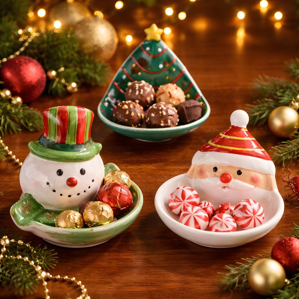 Festive Holiday Ceramic Dish Set - Snowman, Santa, and Christmas Tree